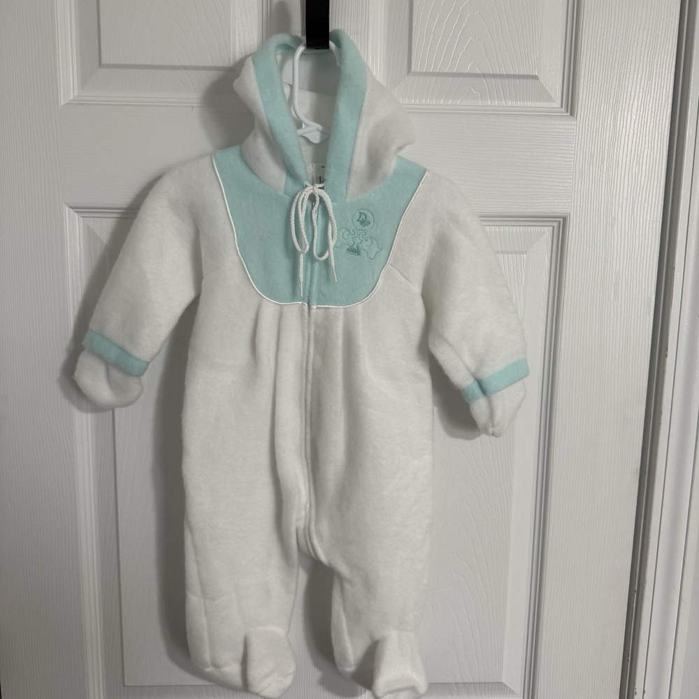 Vtg Baby Dior Infant Sleeper One Piece Hooded Fleece White Light Blue Rare OS